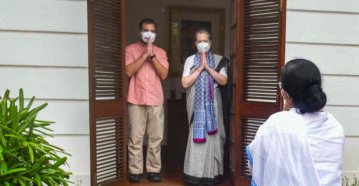 West Bengal CM Mamata Banerjee arrives to meet Congress interim president Sonia Gandhi and Rahul Gandhi in New Delhi. PTI