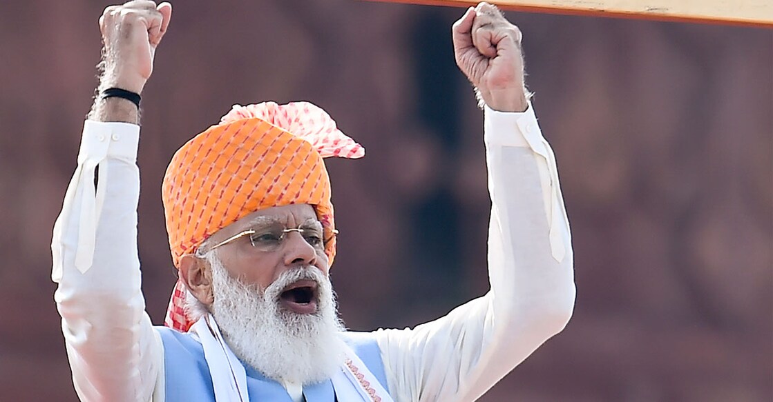 Prime Minister Narendra Modi addresses the crowd gathered to celebrate the 72nd Independence Day, at the historic Red Fort, in New Delhi. Photo: PTI