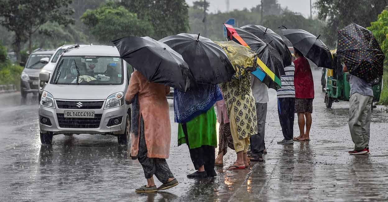 Pedestrians use umbrellas to shield themselves from rain in New Delhi