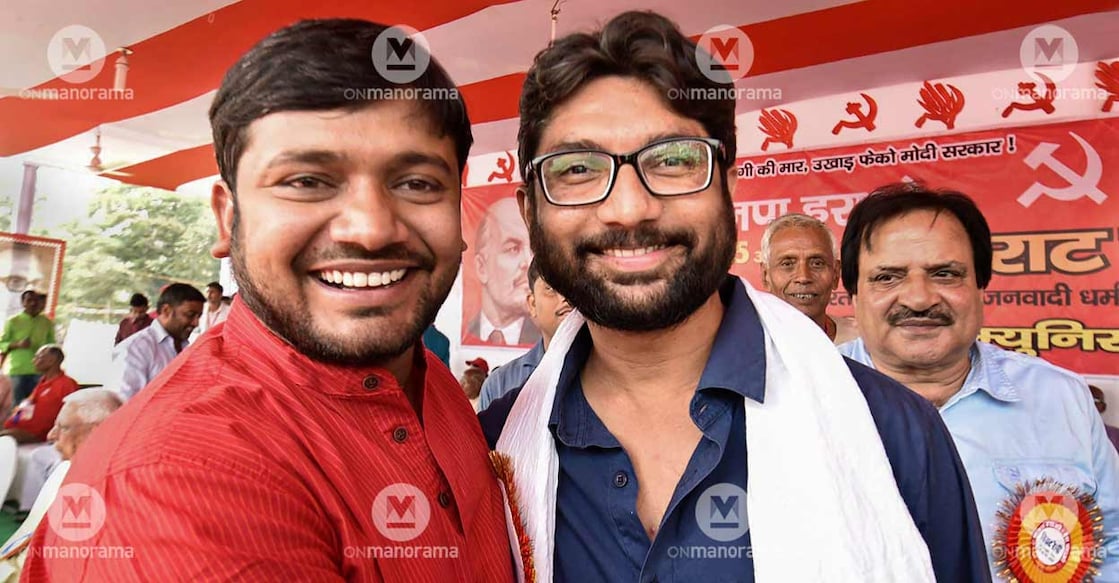 Former JNU Students Union leader Kanhaiya (L) and Gujarat MLA Jignesh Mewani. Former JNU Students Union leader Kanhaiya (L) and Gujarat MLA Jignesh Mewani.