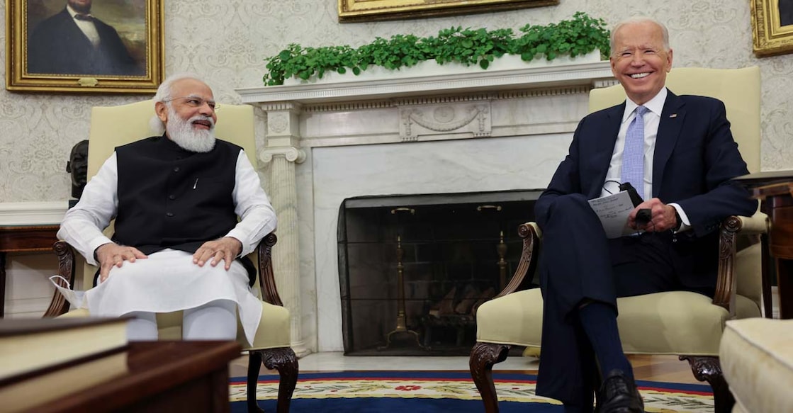US President Joe Biden listens as Indian Prime Minister Narendra Modi speaks during a 'Quad nations' meeting at the Leaders' Summit of the Quadrilateral Framework held in the East Room at the White House in Washington, US, September 24, 2021. Photo: REUTERS/Evelyn Hockstein