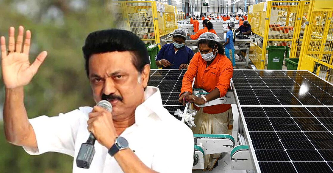 stalin-main-image MK Stalin (left), Solar panel being manufactured at a factory in Tamil nadu (right). File Photos: Twitter, AFP