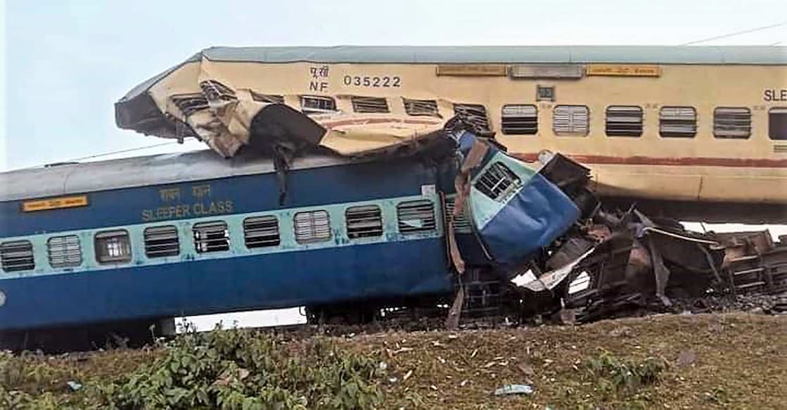 PTI01_13_2022_000158B Mangled remains of Guwahati-Bikaner Express train after it got derailed at Mainaguri in Jalpaiguri district. Photo: PTI