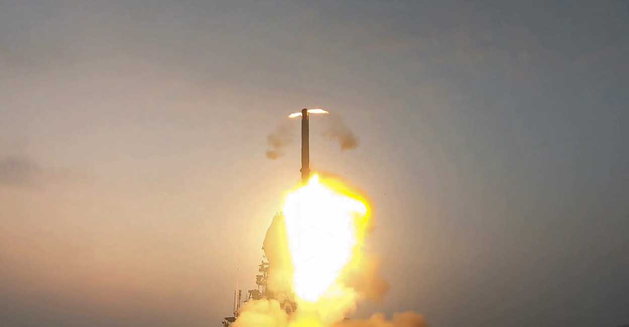 The advanced sea to sea variant of BrahMos Supersonic Cruise missile being tested from INS Visakhapatnam. PTI
