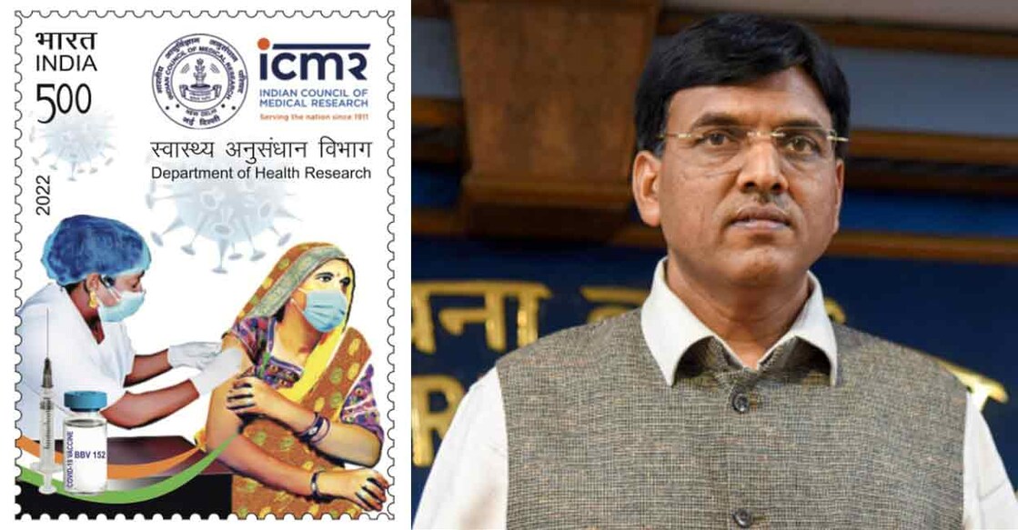 Union Health Minister Mansukh Mandaviya (right) launched a postage stamp on indigenously developed vaccine Covaxin to mark one year of the inoculation drive. 