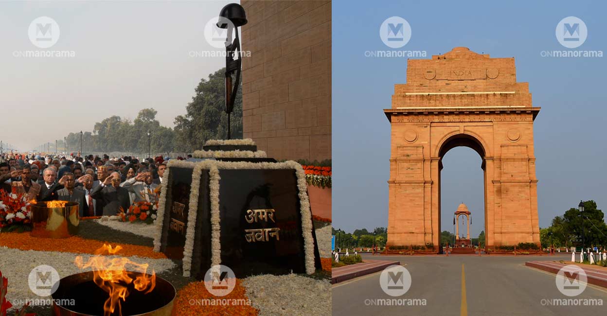 The Amar Jawan Jyoti (left) at India Gate (right) in New Delhi. File Photo: Manorama