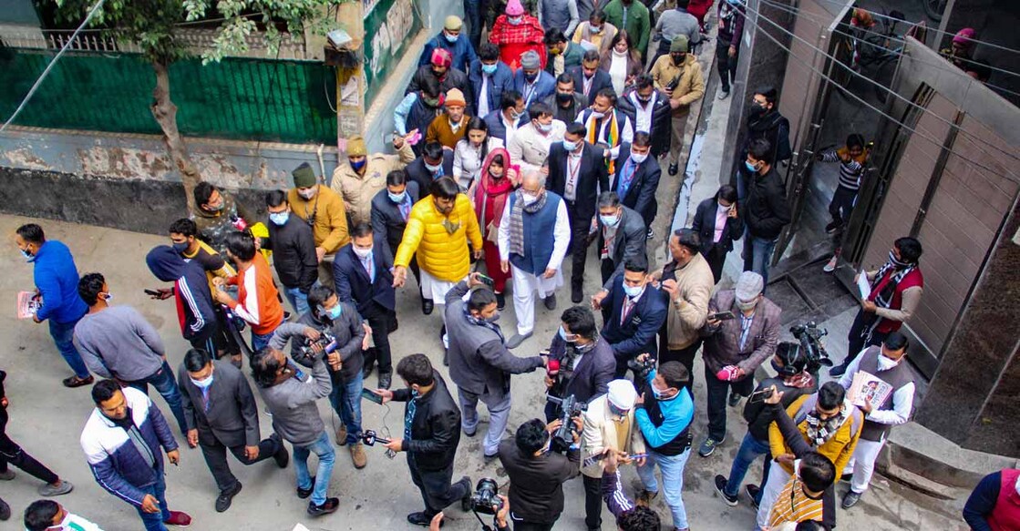 Chhattisgarh Chief Minister Bhupesh Baghel during a door-to-door election campaign Chhattisgarh Chief Minister Bhupesh Baghel during a door-to-door election campaign for Congress party, ahead of UP assembly polls, in Noida, Sunday, Jan. 16, 2022. Photo: PTI