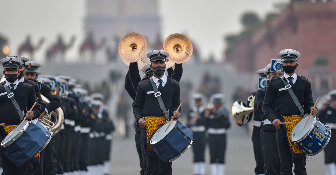 Mahatma Gandhi's favourite hymn dropped from R-Day Beating Retreat ceremony Indian Armed Forces Band during rehearsals for the Beating Retreat ceremony ahead of Republic Day, at Vijay Chowk in New Delhi, Friday, Jan. 21, 2022. Photo: PTI/Ravi Choudhary