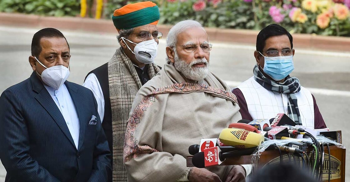 Prime Minister Narendra Modi addresses the nation ahead of the Budget Session 2022, at Parliament House complex in New Delhi, Monday, Jan. 31, 2022. Photo: Arun Sharma/PTI