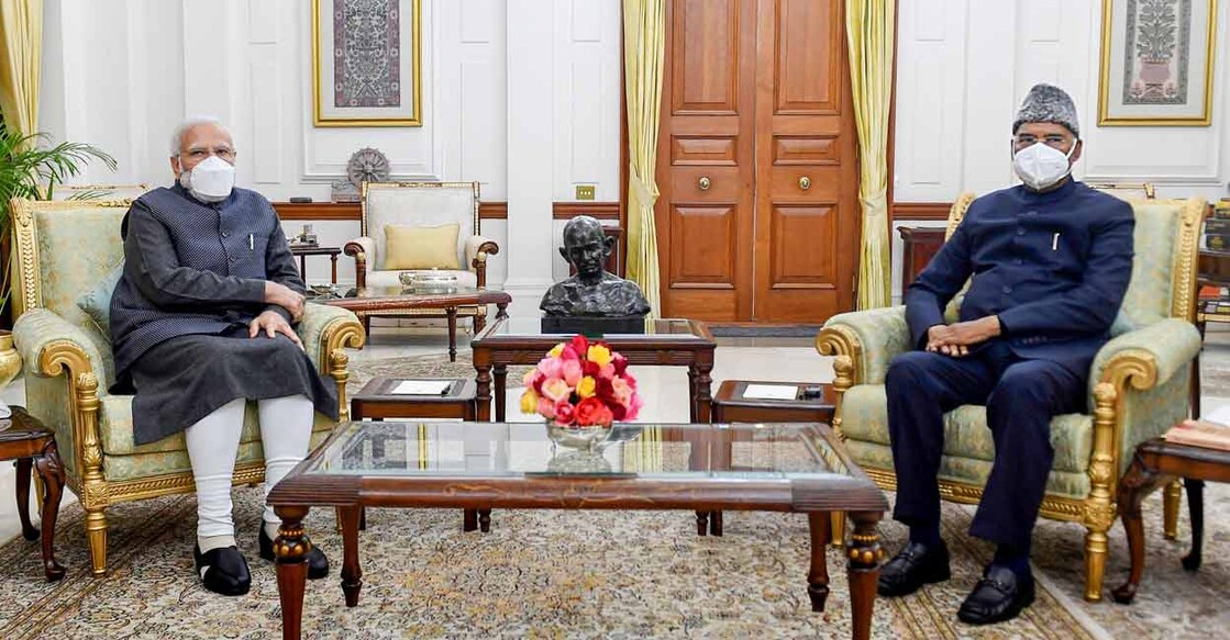 Prime Minister Narendra Modi meets President Ram Nath Kovind to give a first-hand account of the security breach in his convoy in Punjab, at Rashtrapati Bhawan in New Delhi. Photo: PTI/Twitter