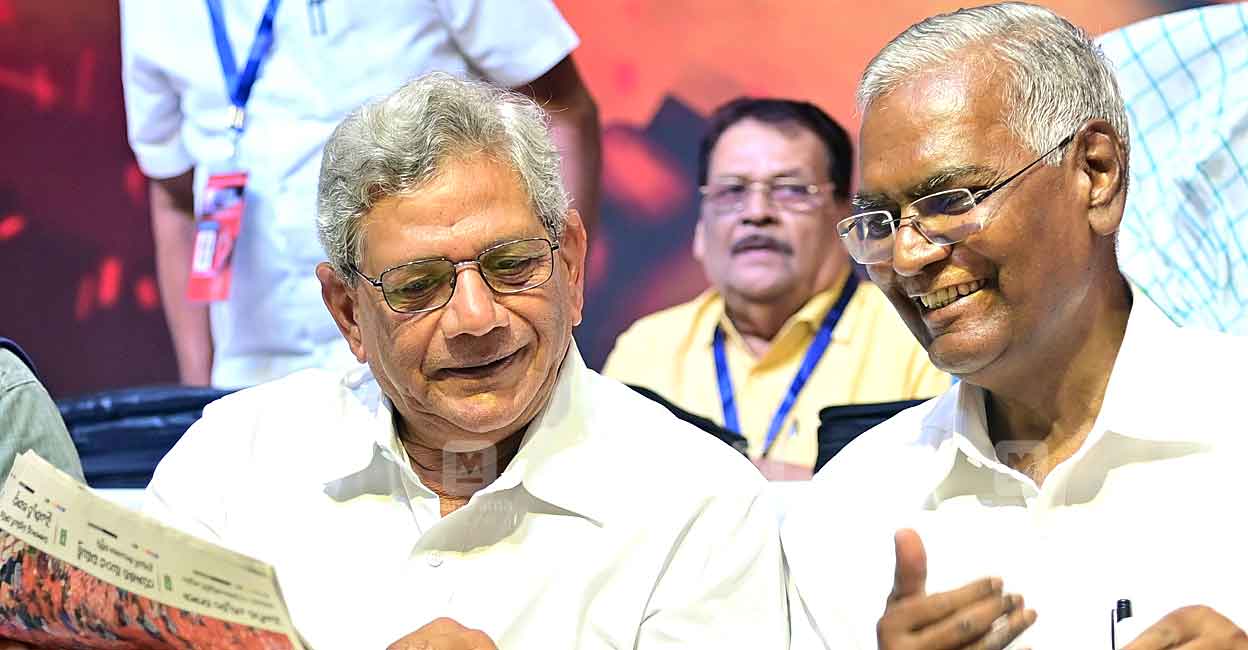 CPM general secretary Sitaram Yechury and CPI general secretary D Raja share bonhomie during the 24th Party Congress at Vijayawada. Photo: Manorama/Rinku Raj Mattancheriyil