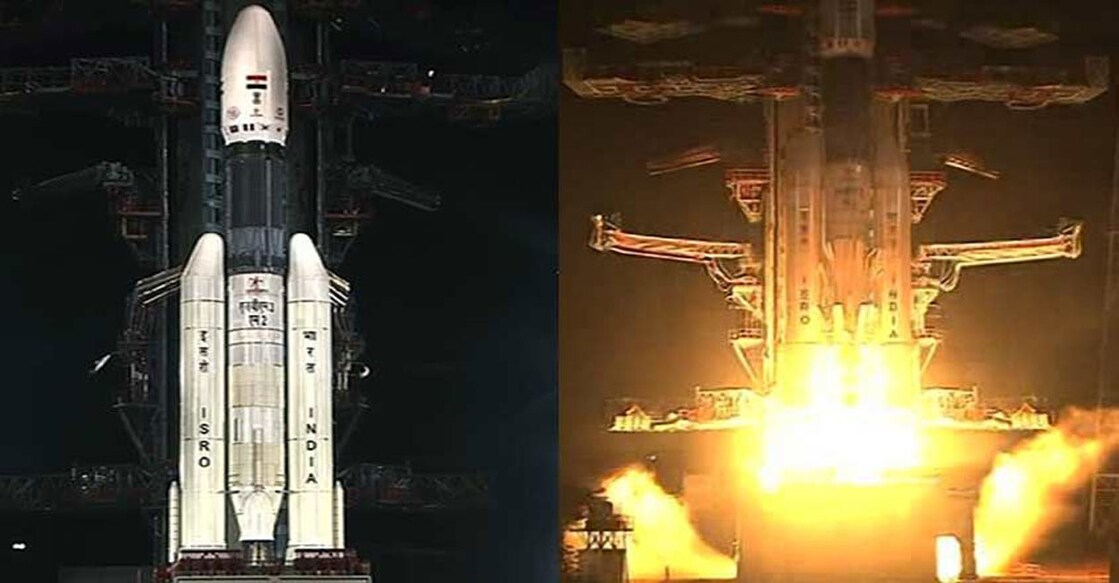 GSLV MkIII rocket (left). Photo: Screenshot from ISRO livestream