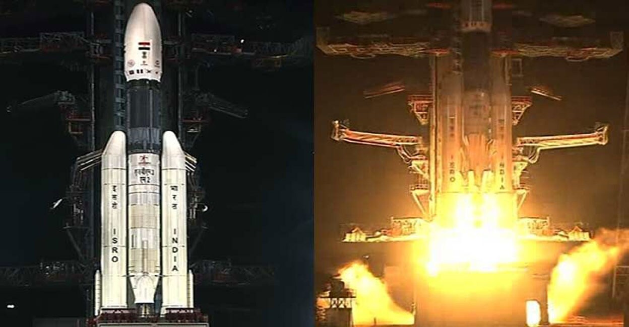 GSLV MkIII rocket (left). Photo: Screenshot from ISRO livestream