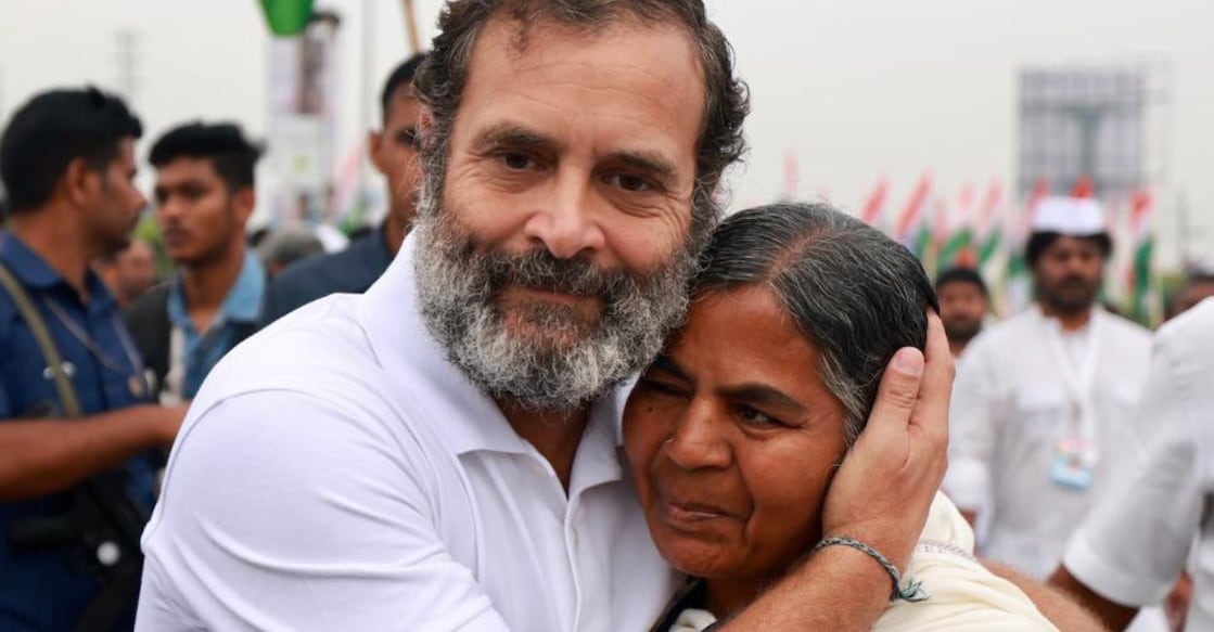 Radhika Vemula walked with Rahul Gandhi briefly during the morning leg of the Bharat Jodo Yatra. Photo: Twitter/@RahulGandhi
