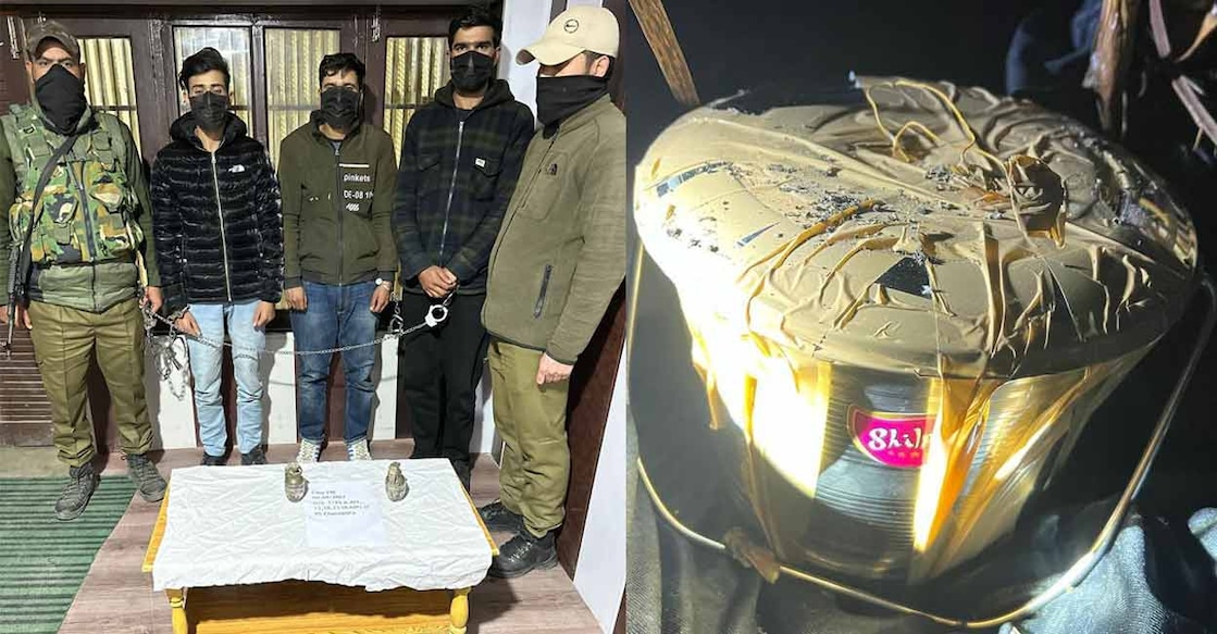 The three terrorists (centre) after being arrested (left). The 10-kg bucket IED that was destroyed by the Bomb Disposal Squad. Photos: Twitter/ @SrinagarPolice