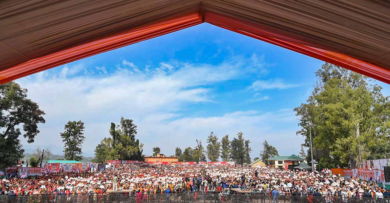 Supporters attend a rally ahead of the Himachal Pradesh Assembly elections, at Sundar Nagar in Mandi district: PTI 