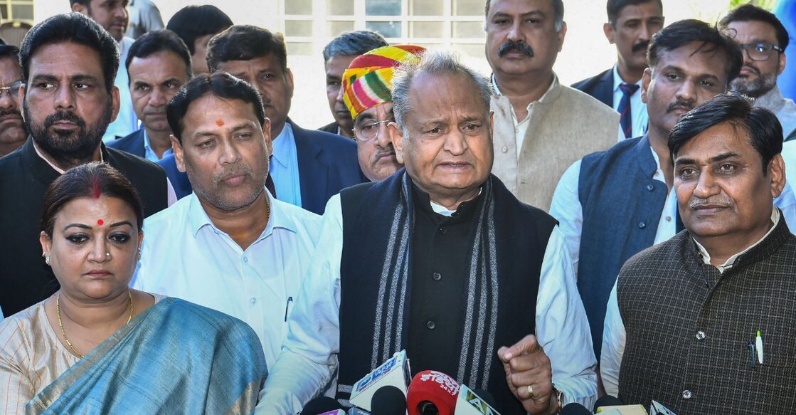 gehlot-rajsthan Rajasthan Chief Minister Ashok Gehlot (centre) addresses a press conference at the party office in Jaipur, Wednesday, November 23, 2022. Photo: PTI