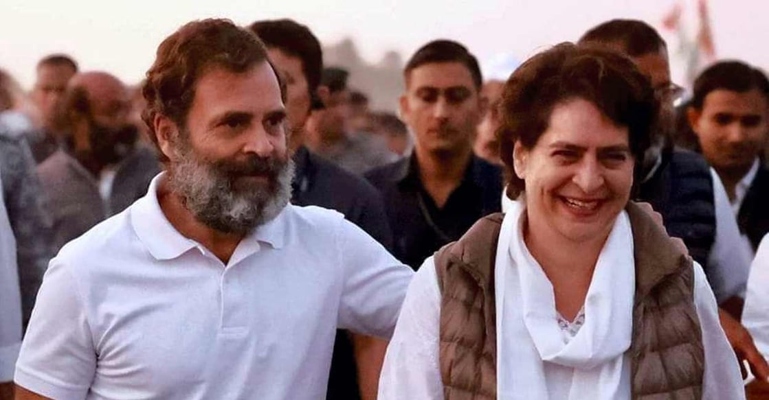 Congress leader Rahul Gandhi with his sister and the party's general secretary Priyanka Gandhi Vadra during the Bharat Jodo Yatra in Khandwa, Madhya Pradesh, on Thursday. Photo: PTI