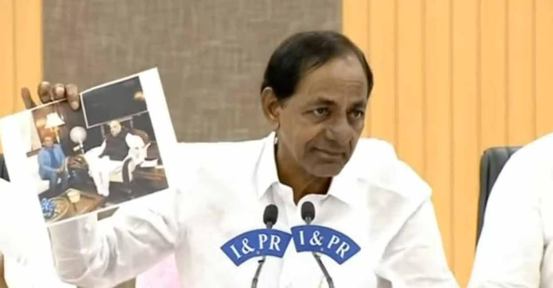 K Chandrasekhar Rao shows alleged photographic evidence during a press conference in Hyderabad on Thursday. Screengrab: TRS 