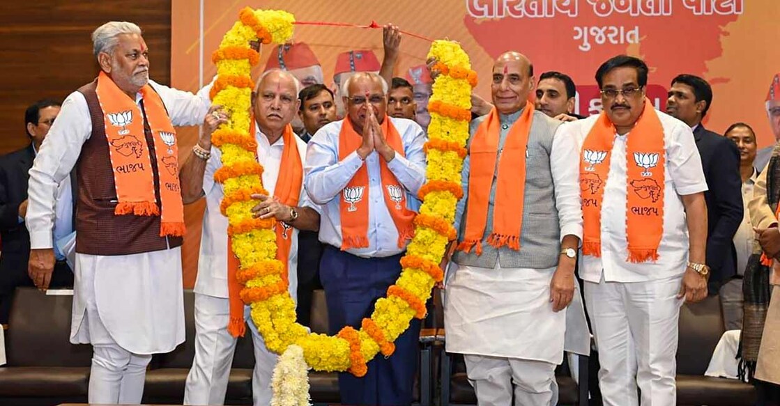  Gujarat Chief Minister-designate Bhupendra Patel during a meeting of newly-elected BJP MLAs, at BJP headquarters 'Kamalam' in Gandhinagar:PTI Photo
