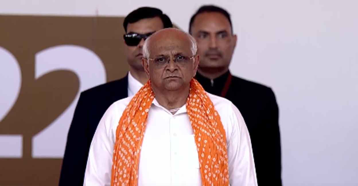 Bhupendra Patel was administered the oath as the 18th chief minister by Governor Acharya Devvrat at a function held at the Helipad Ground near the new Secretariat. Photo: Twitter/BJP Gujarat