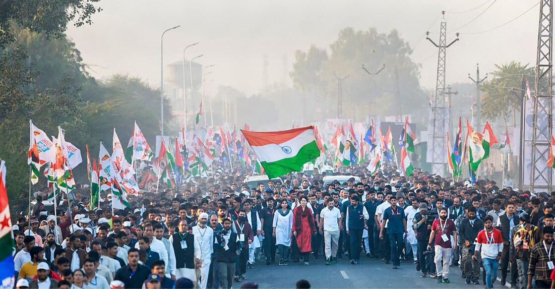Congress leader Rahul Gandhi with AICC General Secretary Priyanka Gandhi Vadra and her daughter Miraya Vadra during the party's Bharat Jodo Yatra, in Sawai Madhopur district on December 13, 2022. File Photo: PTI