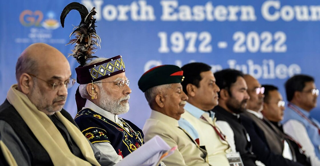 Prime Minister Narendra Modi with Union Home Minister Amit Shah, Governor Brig (retd.) BD Mishra other dignitaries during the North Eastern Council meeting, in Shillong, Meghalaya : PTI Photo