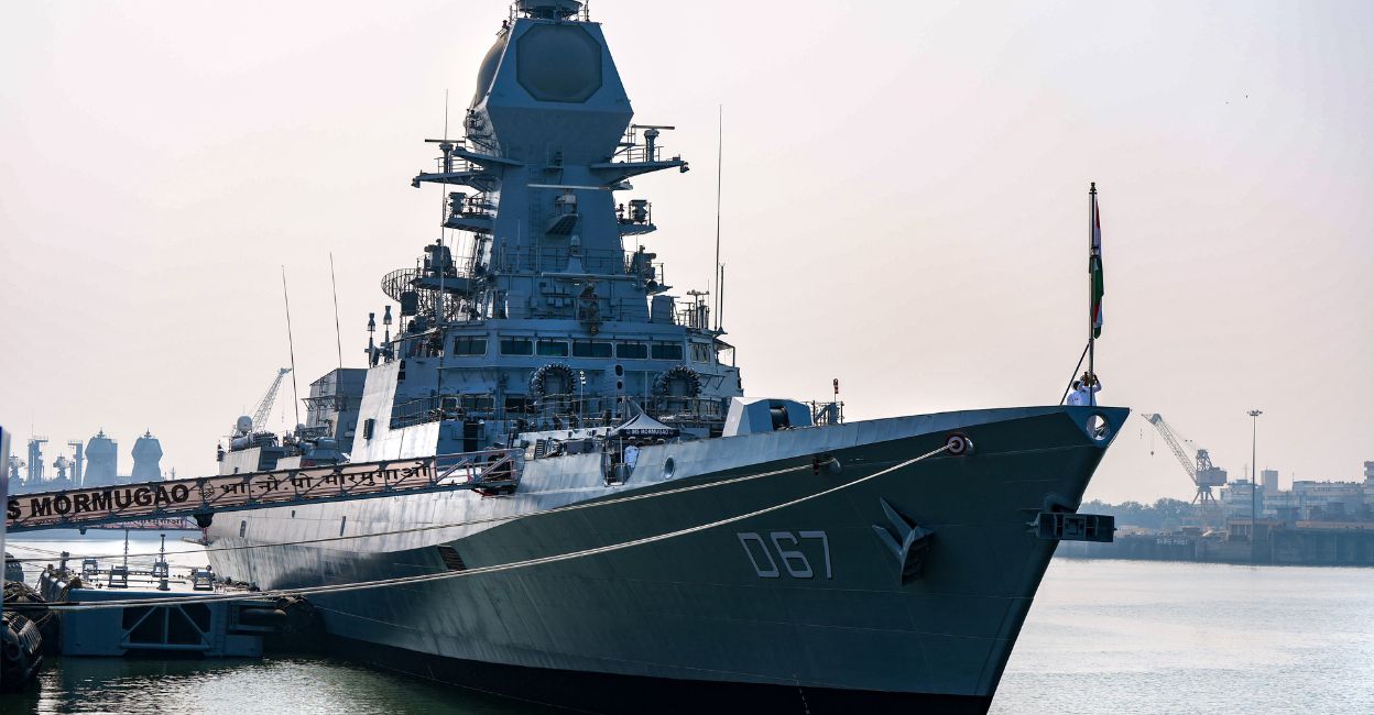 INS Mormugao during its commissioning ceremony at the naval dockyard in Mumbai, Sunday, December 18, 2022. Photo: PTI