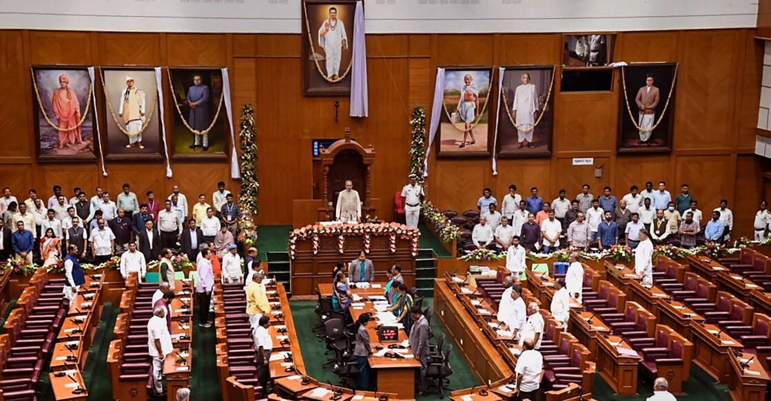 Portraits of Veer Savarkar, Swami Vivekananda, Subhas Chandra Bose, BR Ambedkar, Basaveshwara, Mahatma Gandhi and Sardar Vallabhbhai Patel were unveiled on the first day of Winter Session of Karnataka Assembly, at Suvarna Vidhana Soudha in Belagavi, Monday, December 19, 2022. Photo: PTI