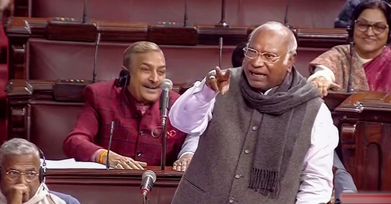 Congress MP Mallikarjun Kharge speaks in the Rajya Sabha during the ongoing Winter Session of Parliament, in New Delhi, Tuesday, December 20, 2022. Photo: PTI