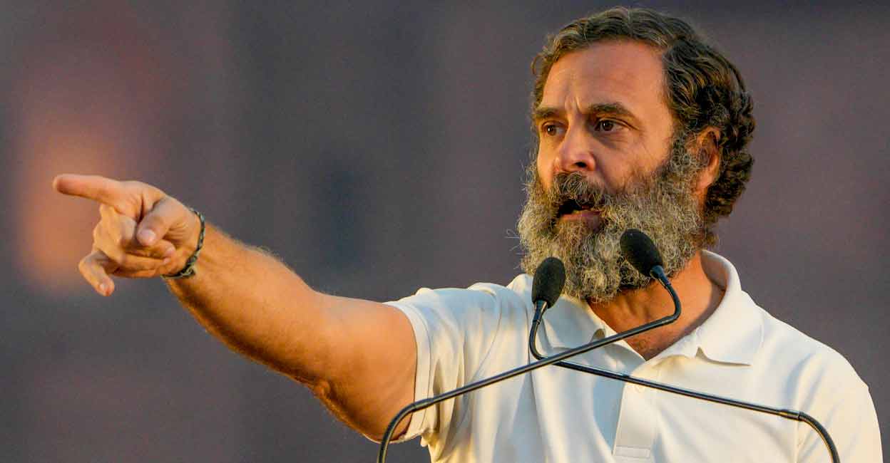 Congress leader Rahul Gandhi addresses the supporters during the Bharat Jodo Yatra, near Red Fort in New Delhi on Saturday. Photo: PTI