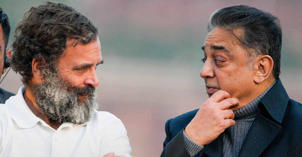 PTI12_24_2022_000298A Congress leader Rahul Gandhi with Makkal Needhi Maiam (MNM) leader and actor Kamal Haasan during the Bharat Jodo Yatra, near Red Fort in New Delhi on Saturday. Photo: PTI