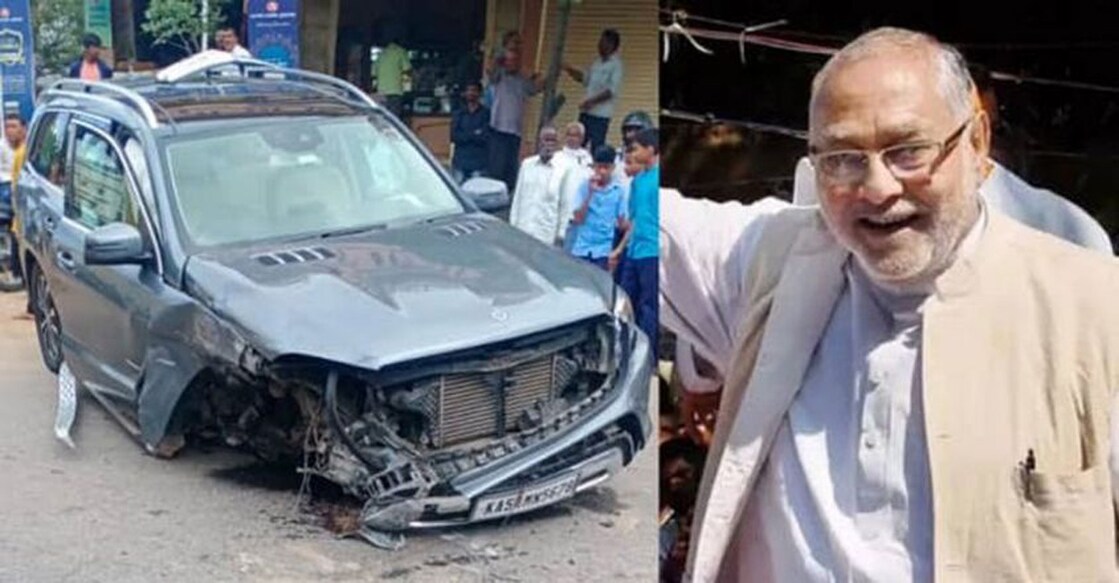 The car that hit the road divider (left) and Prahlad Modi (right) | Photo: Twitter/SheegehalliBjp