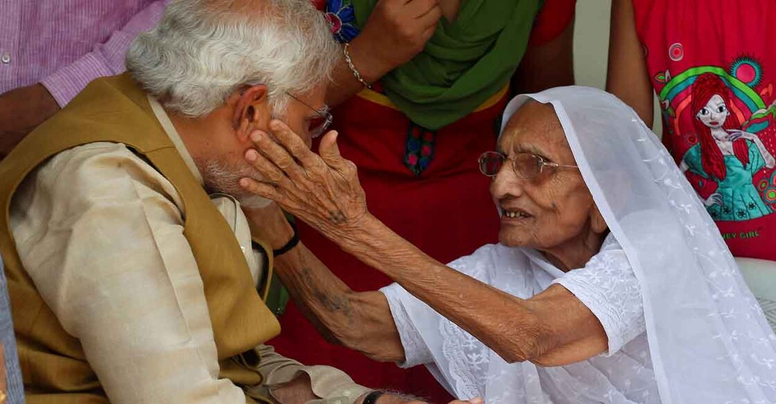 Prime Minister Narendra Modi with his mother Heeraben Modi, in Gandhinagar in 2014. File photo: PTI