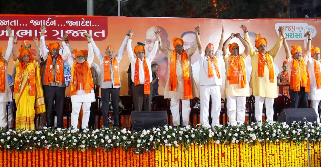 Gujarat Chief Minister Bhupendra Patel with BJP candidates during a public meeting after BJP's victory in the Gujarat Assembly elections, in Ahmedabad, Thursday, December 8, 2022. Photo: PTI