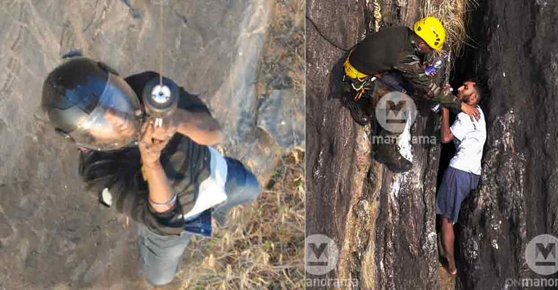 L-R: The Ministry of Defence shared this picture of Nishank's rescue from the Nandi Hills on Sunday. R Babu being rescued by an Indian Army officer. Photo: Twitter/ @Prodef_blr / Manorama