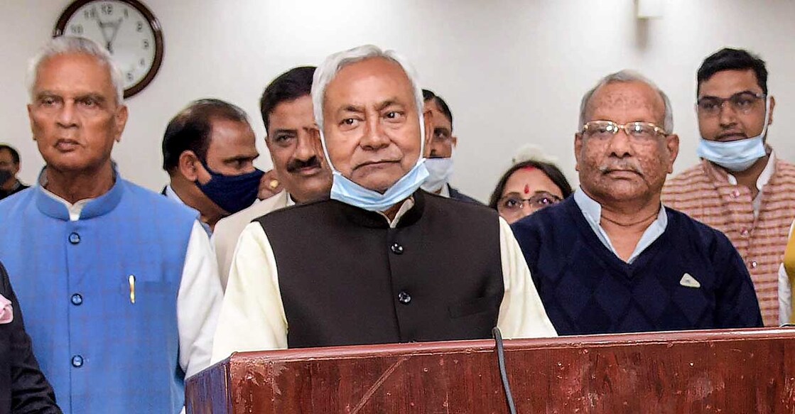 Bihar Chief Minister Nitish Kumar speaks to the media after the 'Janta Darbar' programe, in Patna, Monday, Feb. 21, 2022. Photo: PTI