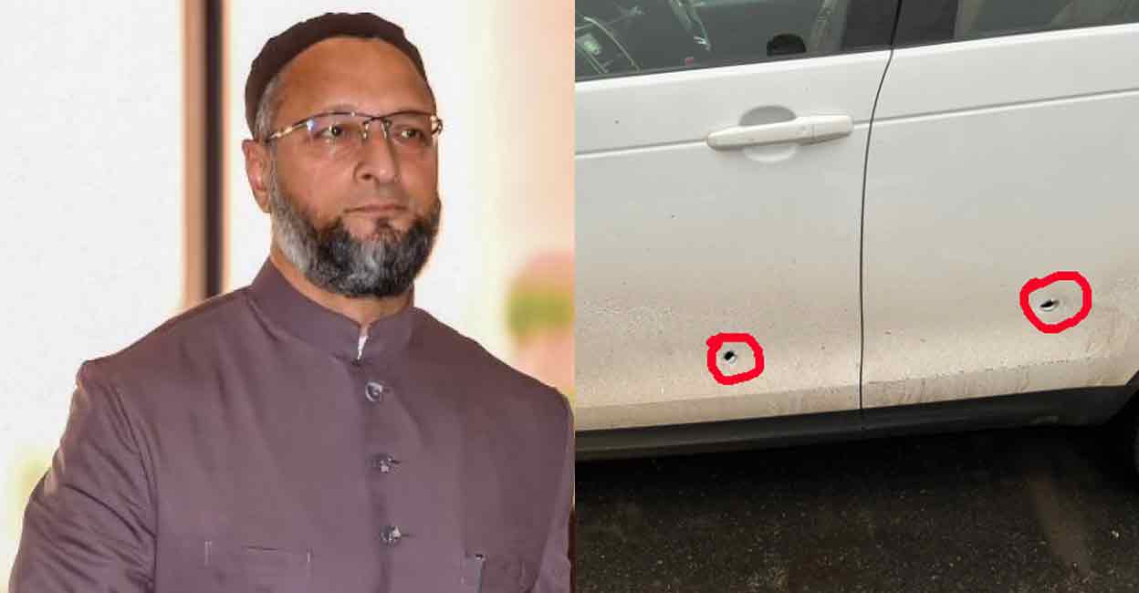 Asaduddin Owaisi Asaduddin Owaisi (left) tweeted a picture showing bullet holes (marked in red).