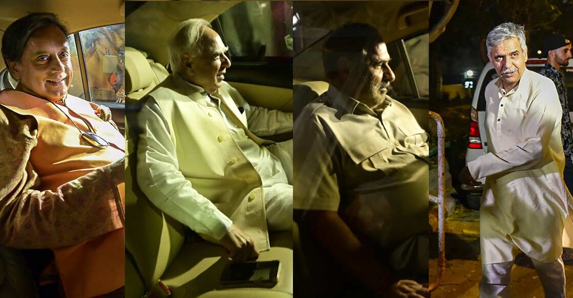 (from left to right) Congress leaders Shashi Tharoor, Kapil Sibal, Anand Sharma and Sandeep Dikshit heading for a G-23 meeting at the residence of Ghulam Nabi Azad. Photos: PTI