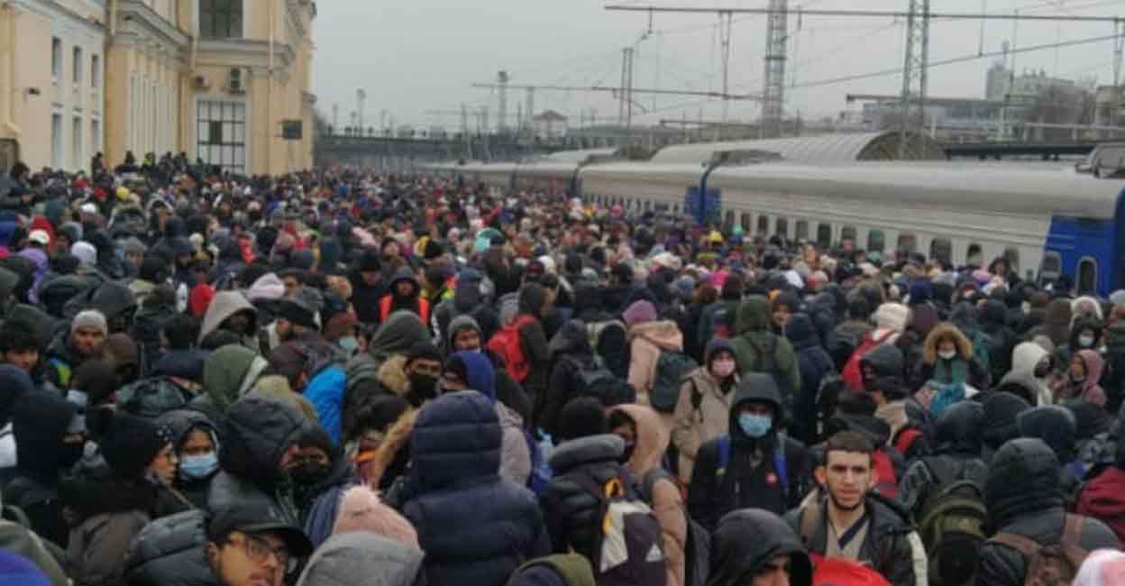 A large crowd outside a railway station presumed to be in Kharkiv, Ukraine. Photo: Twitter