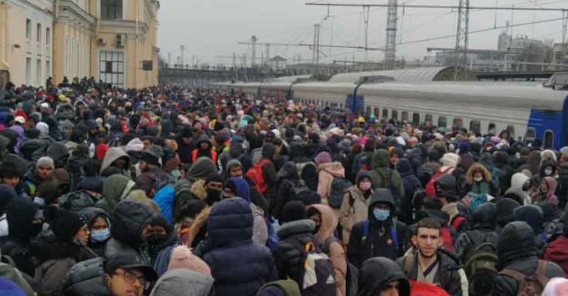 A large crowd outside a railway station presumed to be in Kharkiv, Ukraine. Photo: Twitter