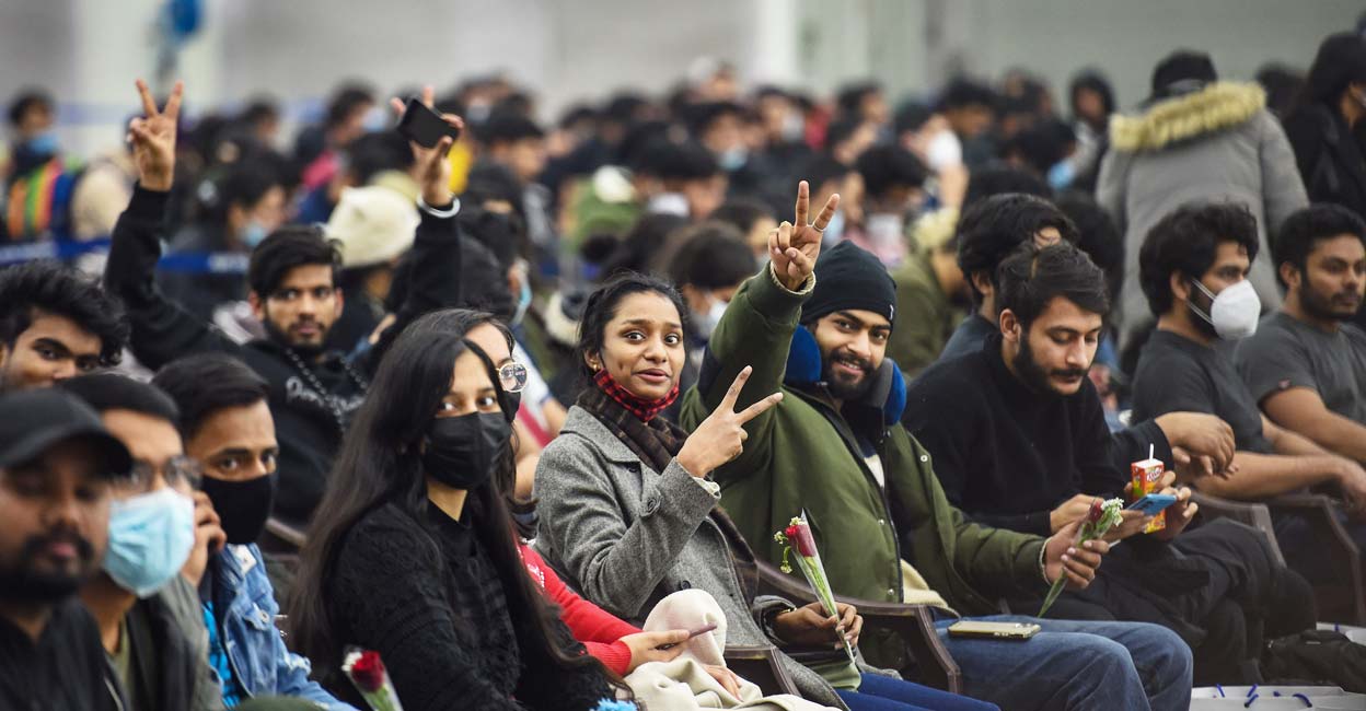 Indian nationals, evacuated from crisis-hit Ukraine, upon their arrival at the Hindon Air Force Station in Ghaziabad, early Thursday, March 3, 2022. Photo: PTI/Ravi Choudhary