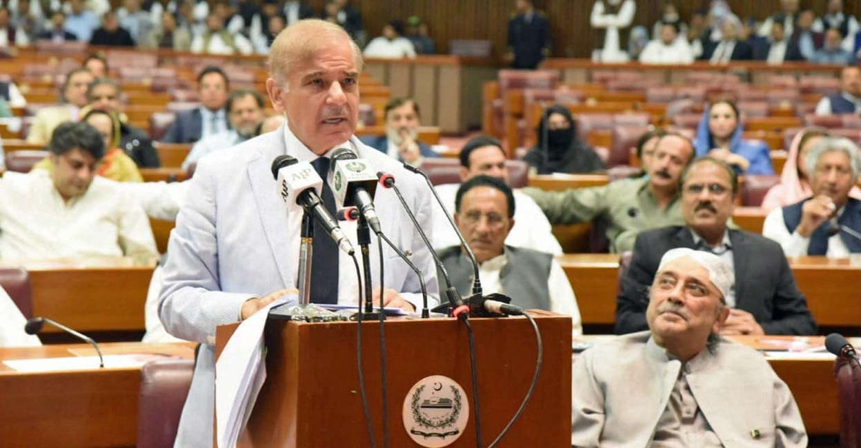 Pakistan's prime minister Shehbaz Sharif speaks at the national assembly, in Islamabad, Pakistan April 11, 2022. Photo: Reuters