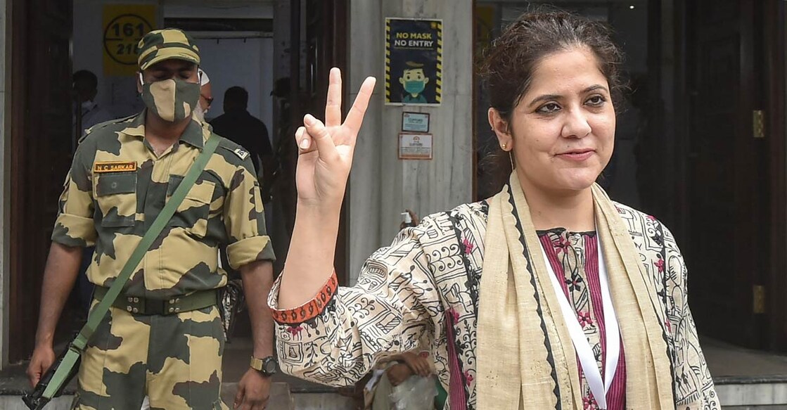 CPI(M) candidate Saira Shah Halim flashes the victory sign during her visit to a polling booth during Ballygunge Assembly by-polls, in Kolkata, Tuesday, April 12, 2022. PHOTO: PTI/Swapan Mahapatra