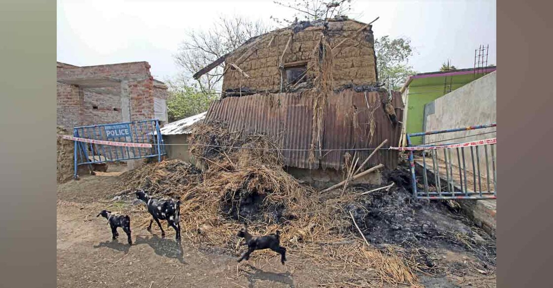 Goats walk in front of a burnt house at Bogtui village, in Birbhum district, on March 29. Photo: PTI 