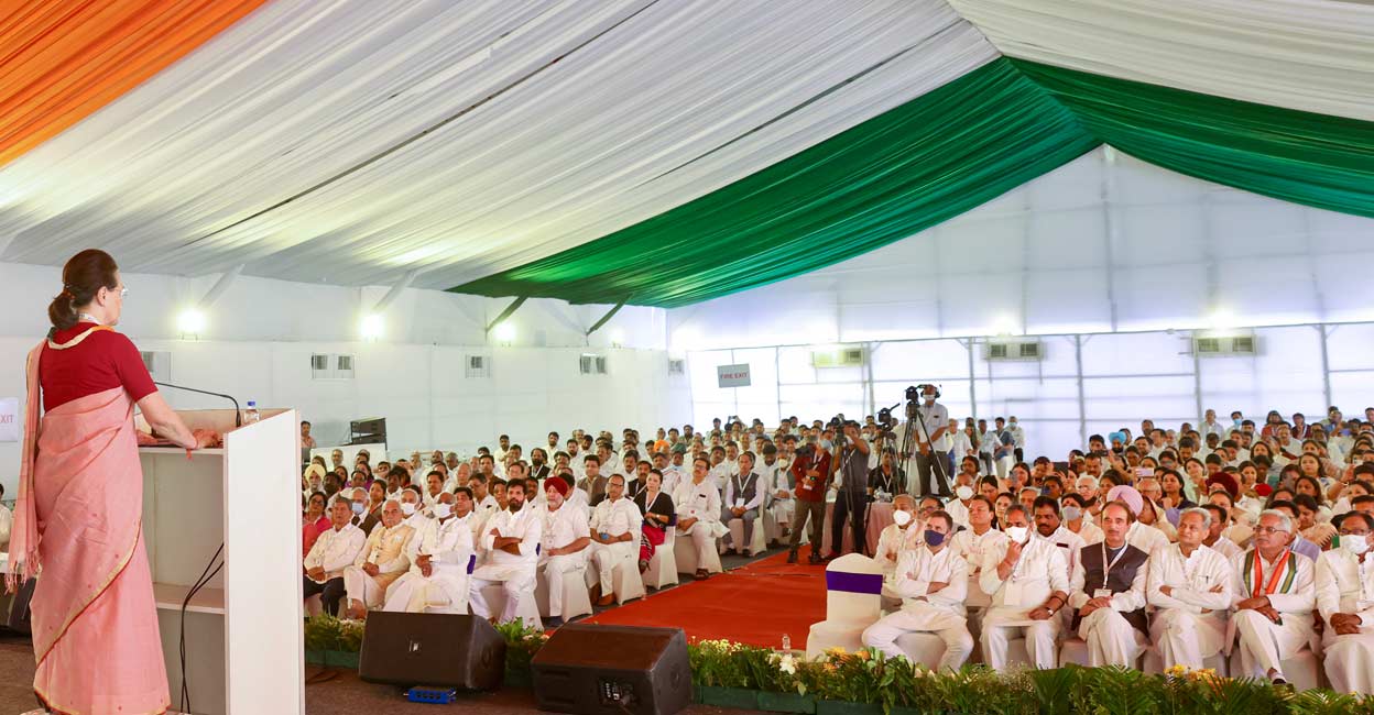 Congress interim President Sonia Gandhi addresses party leaders during the party's 'Nav Sankalp Chintan Shivir', in Udaipur. Photo: PTI