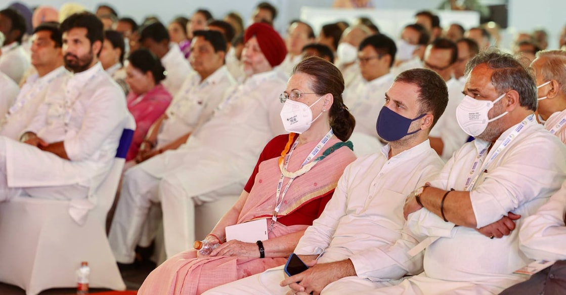 Congress interim President Sonia Gandhi with Congress leader Rahul Gandhi and others during the party's 'Nav Sankalp Chintan Shivir', in Udaipur. Photo: PTI