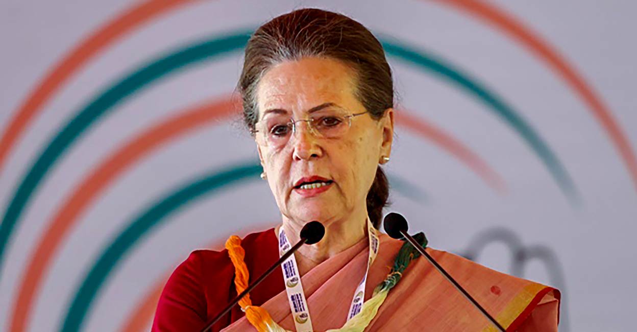 Congress interim President Sonia Gandhi addresses party leaders during the party's 'Nav Sankalp Chintan Shivir', in Udaipur. PHOTO: PTI