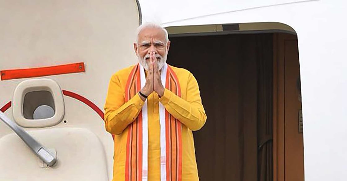 Prime Minister Narendra Modi emplanes for Lumbini, the birth place of Lord Buddha. Photo: PTI