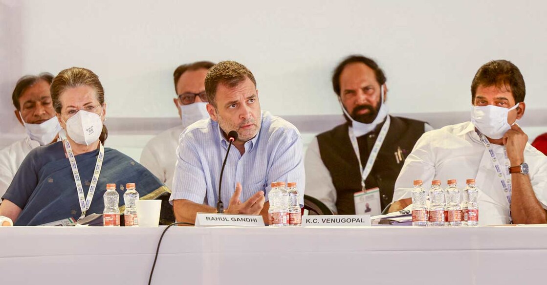 Congress interim president Sonia Gandhi, party leader Rahul Gandhi and others during a meeting of AICC General Secretaries, In-charges, PCC Presidents and CLPs on day 2 of the party's 'Nav Sankalp Shivir', in Udaipur. Photo: PTI